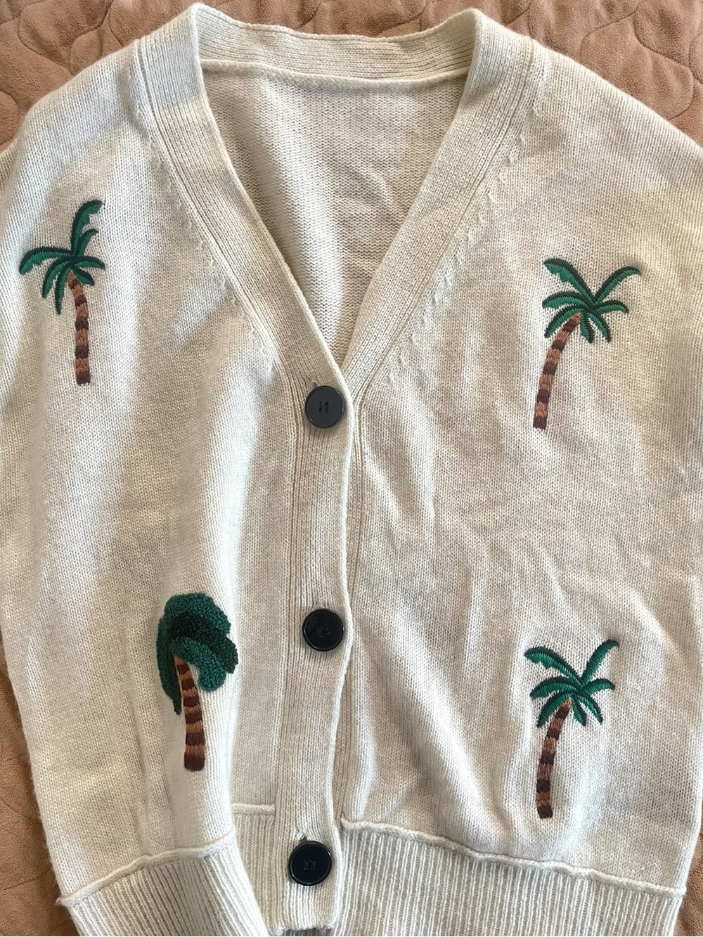 Alanui Cream Palm-Embroidered V-Neck Cardigan